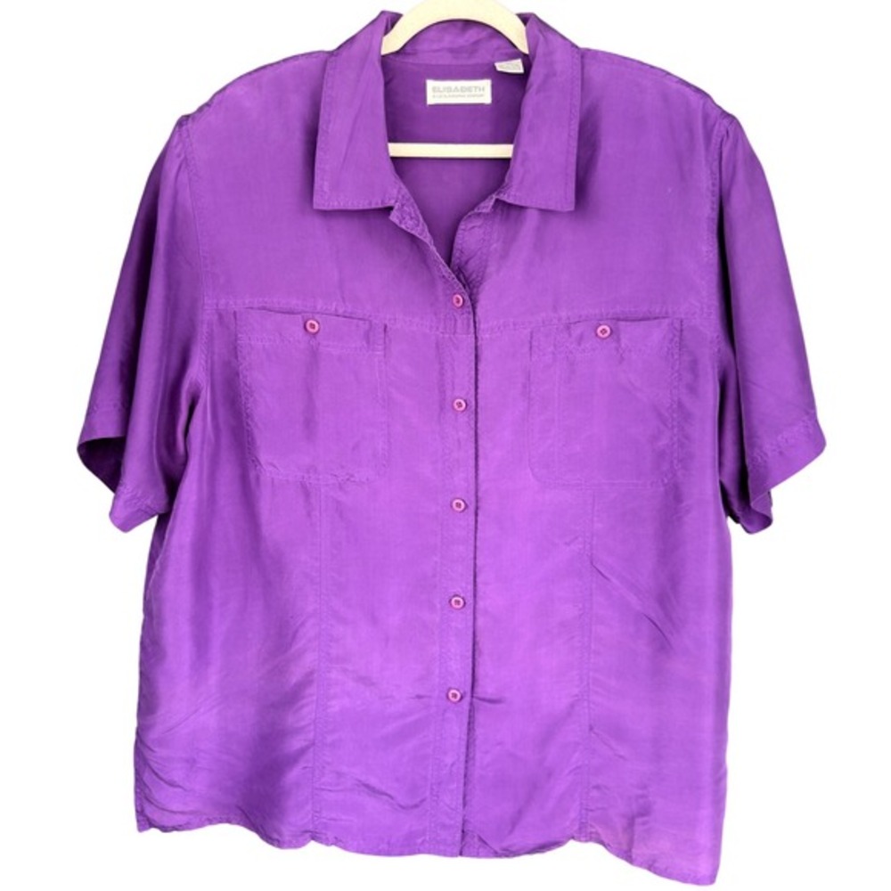 A5‎ Elisabeth Silk Button Down Shirt Purple Short Sleeve 90s Vintage